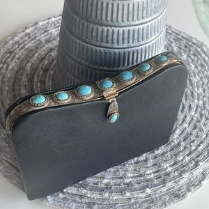 Vintage 1960s leather clutch with turquoise stones by Artcraft